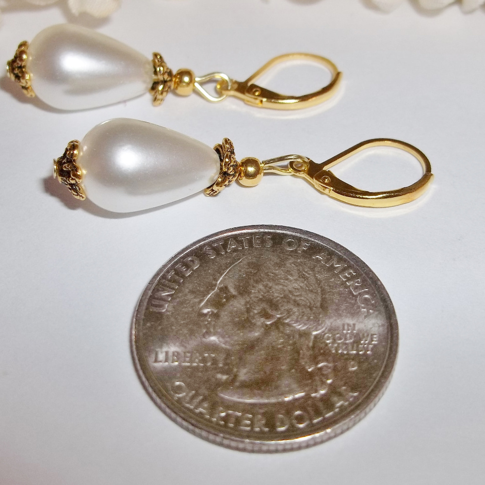 White Gold Pearl Teardrop Earring Dangle Drop Pearl Earring Pearl Earring 3933 - Picture 3 of 5